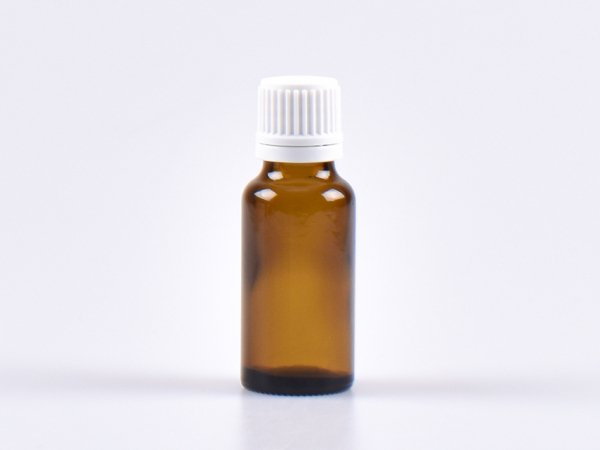 Braunglasflasche 20ml, mit Tropfmontur OV, geriffelt
