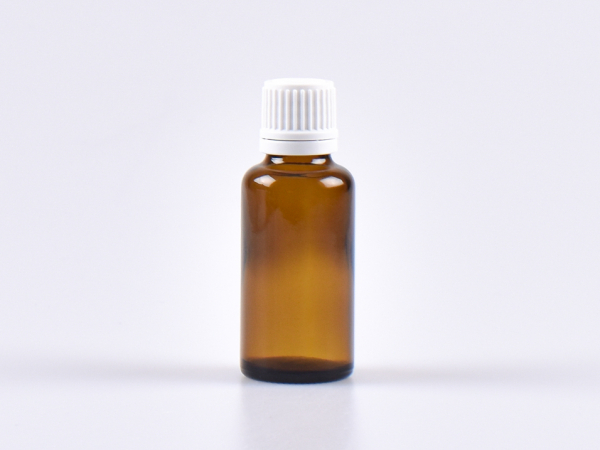 Braunglasflasche 30ml, mit Tropfmontur OV, geriffelt