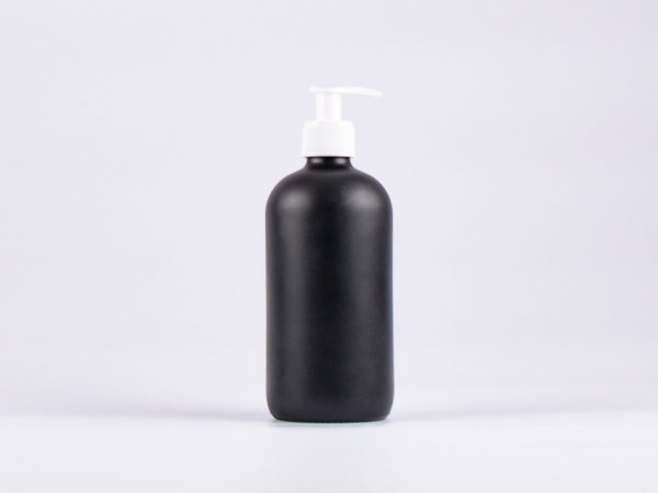 Schwarzglasflasche 500ml, mit Dispenser schwarz/weiss