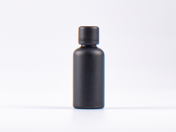 Schwarzglasflasche 50ml, mit Schraubverschluss & Giessring