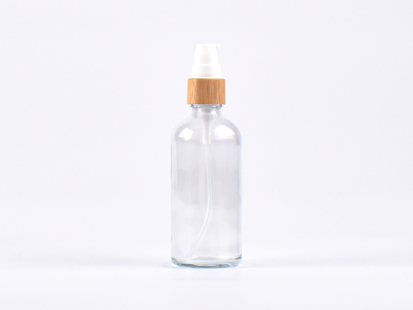 Klarglasflasche 100ml, mit Lotionspumpe Bambus