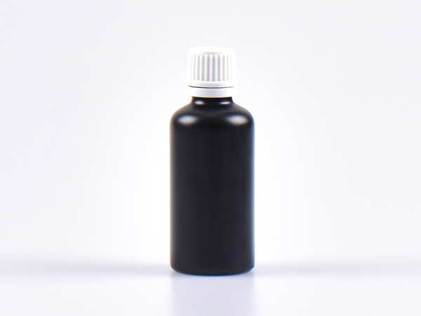 Schwarzglasflasche 50ml, mit Tropfmontur OV, geriffelt