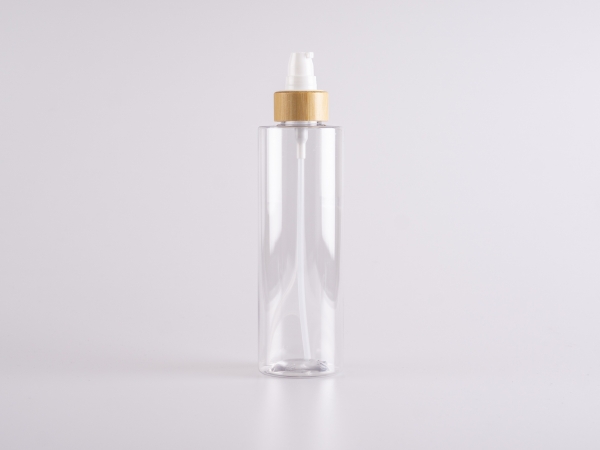 PET Flasche "Sharp" 250ml, mit Lotionspumpe Bambus