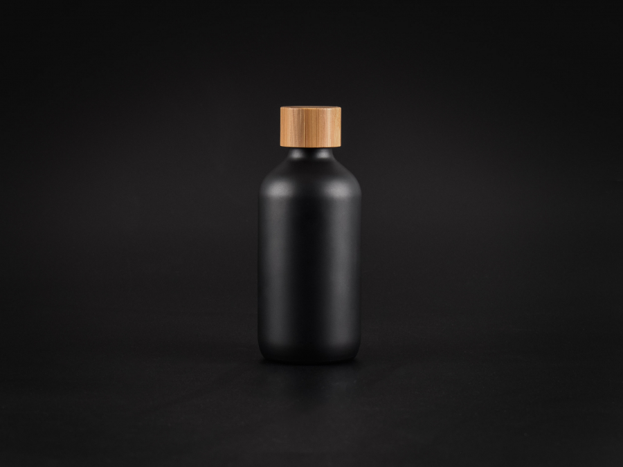 Schwarzglasflasche 220ml, mit Schraubverschluss Bambus