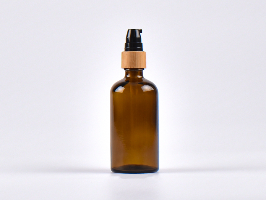 Braunglasflasche 100ml,  mit Lotionspumpe Bambus