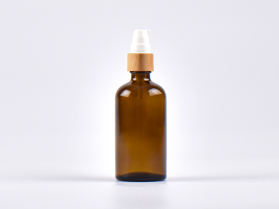 Braunglasflasche 100ml,  mit Lotionspumpe Bambus
