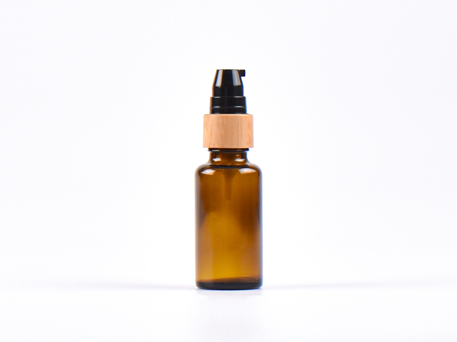 Braunglasflasche 30ml, mit Lotionspumpe Bambus