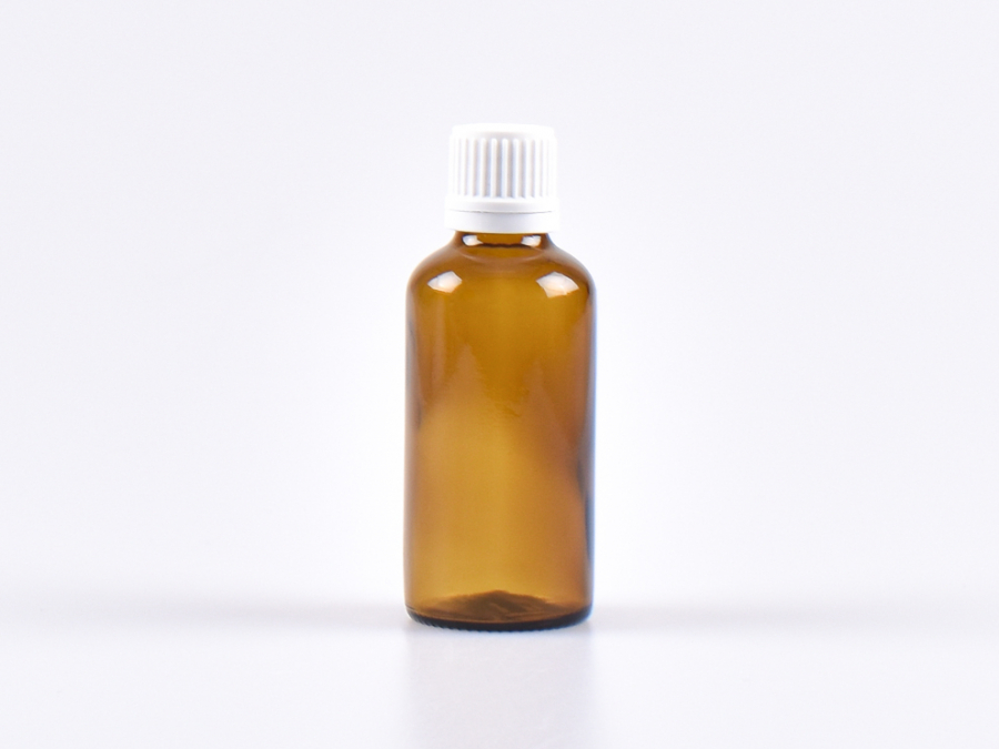 Braunglasflasche 50ml, mit Tropfmontur OV, geriffelt
