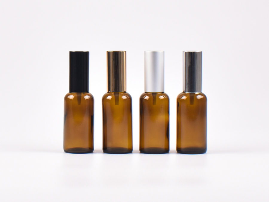 Braunglasflasche 30ml, mit Lotionspumpe Aluminium, 4 Color
