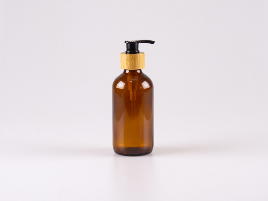 Braunglasflasche 220ml, mit Dispenser Bambus