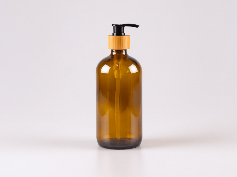 Braunglasflasche 480ml, mit Dispenser Bambus