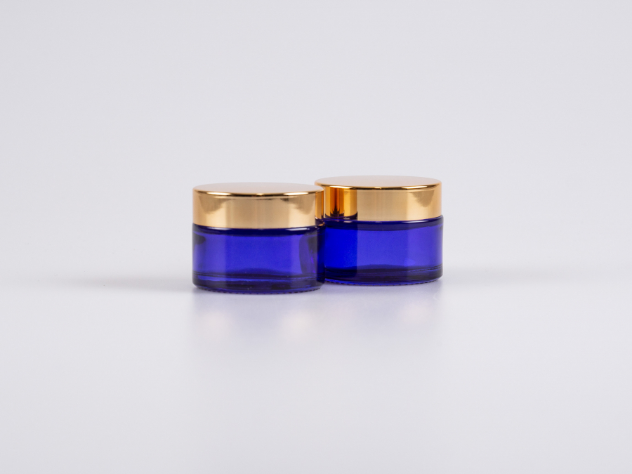 Blauglasdose, 30ml, mit Deckel gold