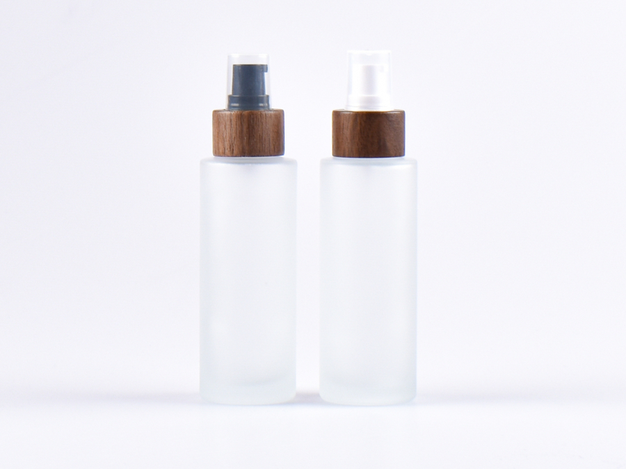 Glasflasche säuremattiert, 100ml, mit Lotionspumpe Walnut