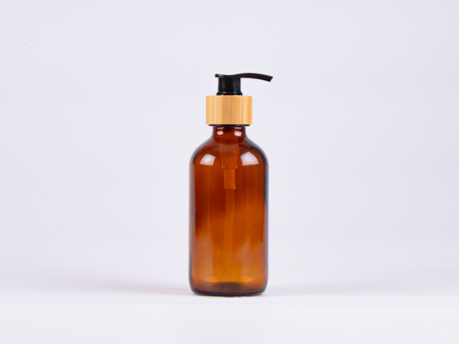 Braunglasflasche 250ml, mit Dispenser Bambus