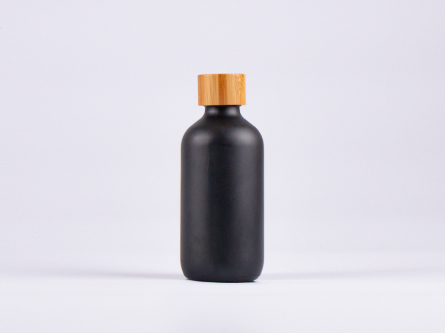 Schwarzglasflasche 250ml, mit Schraubverschluss Bambus