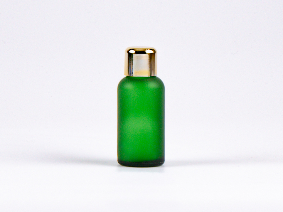 Grünglasflasche 30ml, mit Tropfmontur Gold