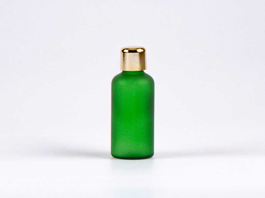 Grünglasflasche 50ml, mit Tropfmontur Gold