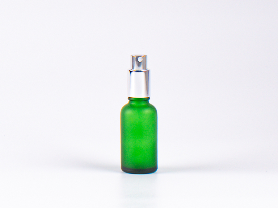 Grünglasflasche 30 ml - Zerstäuber Aluminium