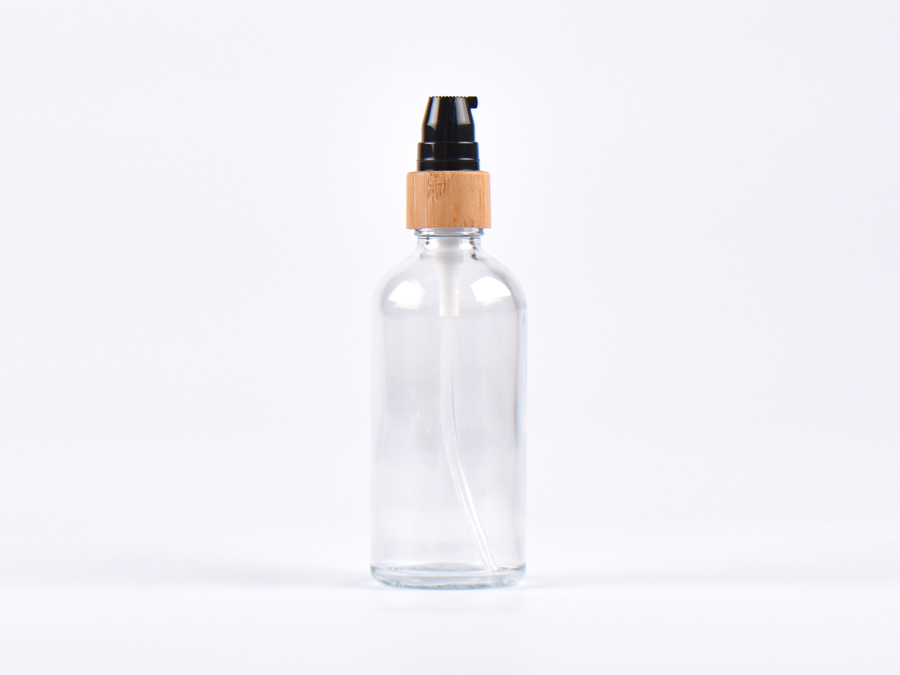 Klarglasflasche 100ml, mit Lotionspumpe Bambus