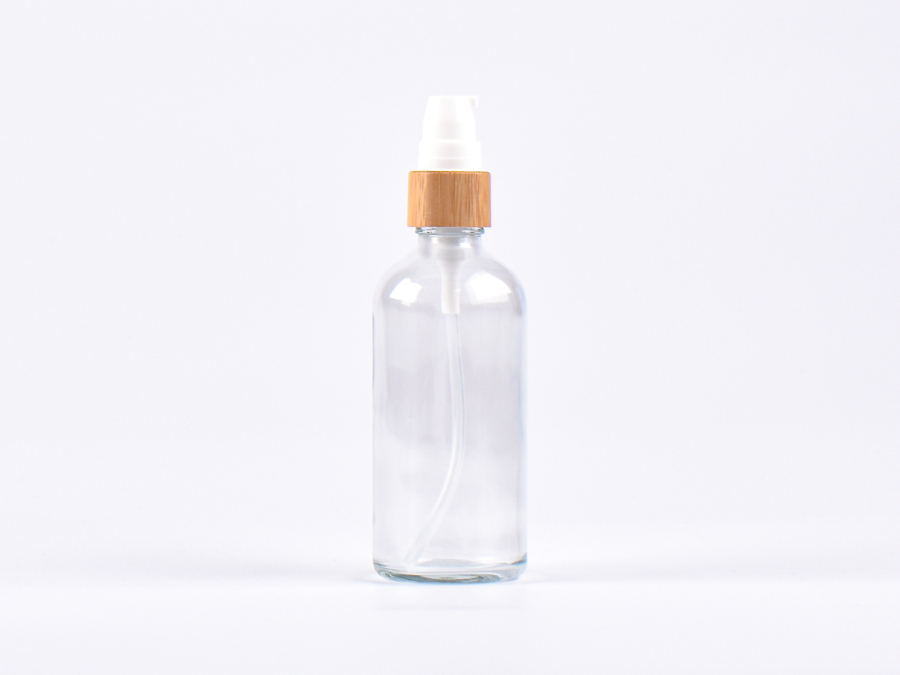 Klarglasflasche 100ml, mit Lotionspumpe Bambus