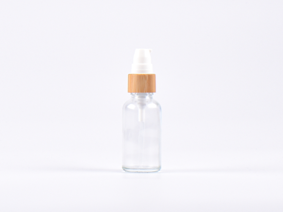 Klarglasflasche 30ml, mit Lotionspumpe Bambus