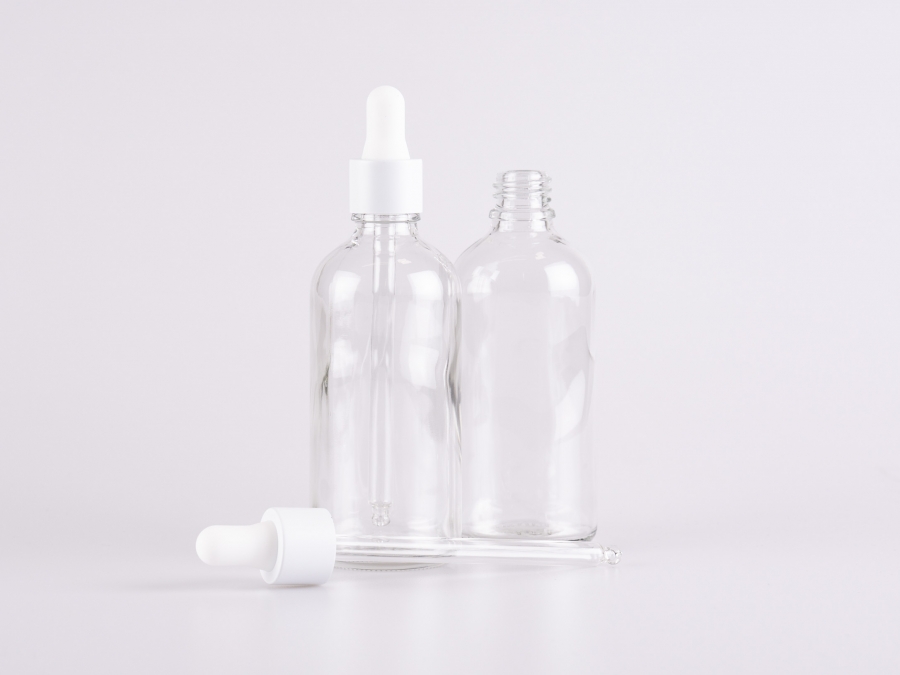 Klarglasflasche 100ml, mit Pipette weiss