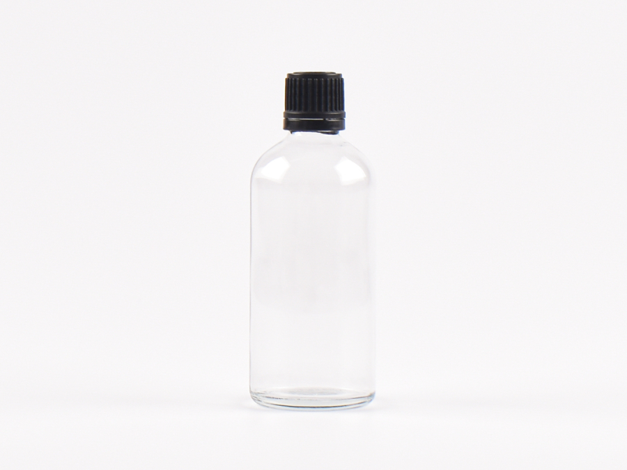 Klarglasflasche 100ml, mit Tropfmontur OV, geriffelt