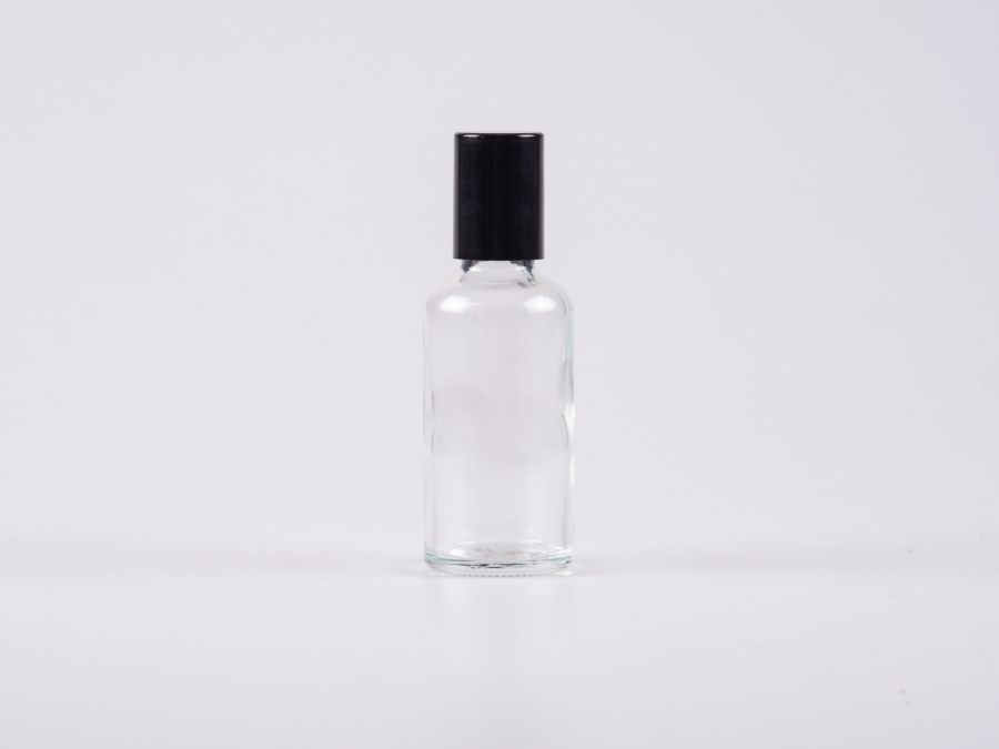 Glasflasche-mit-Roll-On-Montur-Glas-Stahl