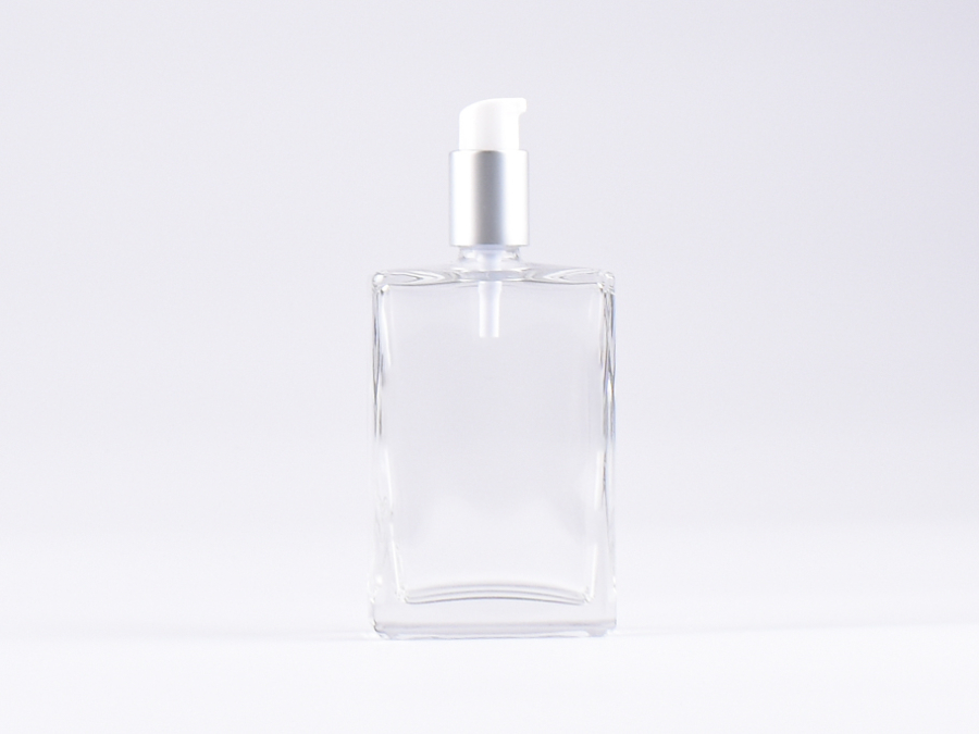 Klarglasflasche "Miro" 100ml, mit Lotionspumpe Aluminium, 4 Color