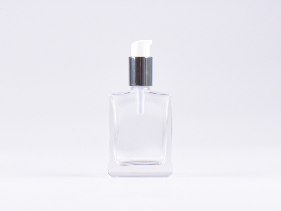 Klarglasflasche "Miro" 50ml, mit Lotionspumpe Aluminium, 4 Color