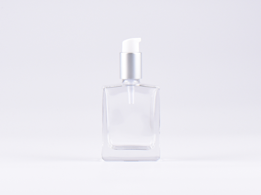 Klarglasflasche "Miro" 50ml, mit Lotionspumpe Aluminium, 4 Color
