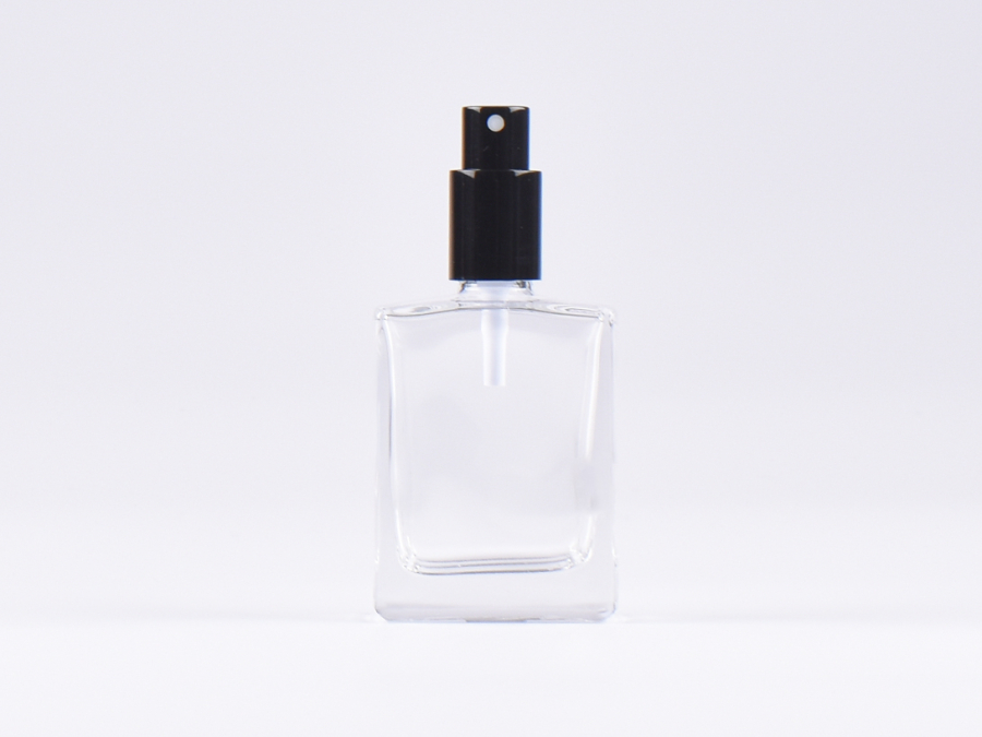 Klarglasflasche "Miro" 50ml, mit Zerstäuber Aluminium, 4 Color