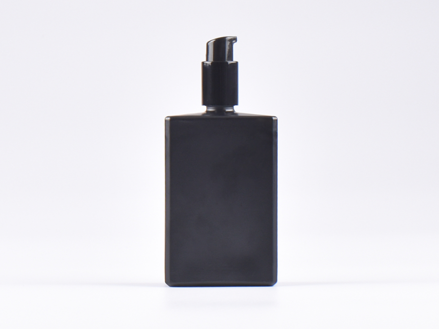 Schwarzglasflasche "Miro" 100ml, mit Lotionspumpe Aluminium, 4 Color