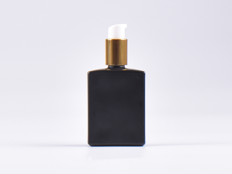 Schwarzglasflasche "Miro" 50ml, mit Lotionspumpe Aluminium, 4 Color