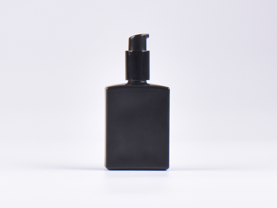 Schwarzglasflasche "Miro" 50ml, mit Lotionspumpe Aluminium, 4 Color