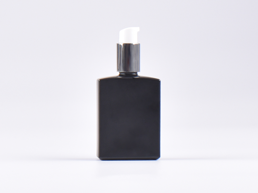 Schwarzglasflasche "Miro" 50ml, mit Lotionspumpe Aluminium, 4 Color