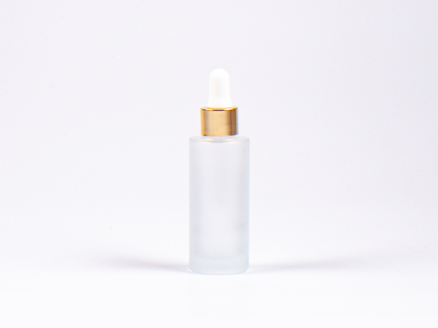 Glasflasche säuremattiert, 30ml, mit Pipette Alu gold