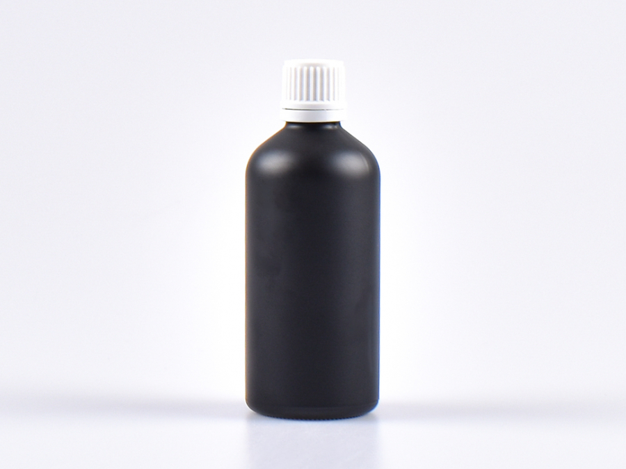 Schwarzglasflasche 100ml, mit Tropfmontur OV, geriffelt