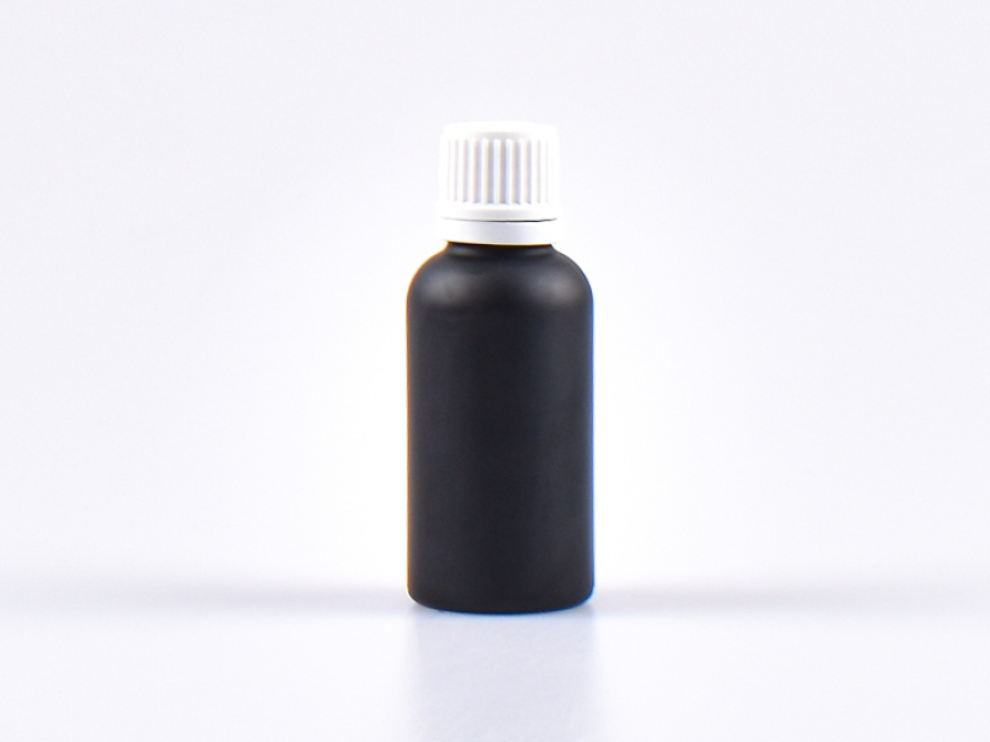 Schwarzglasflasche 30ml, mit Tropfmontur OV, geriffelt