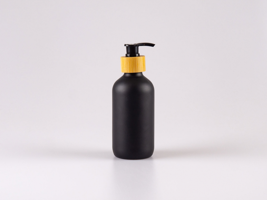 Schwarzglasflasche 220ml, mit Dispenser Bambus