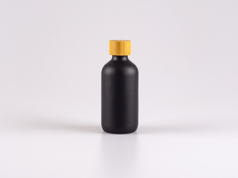 Schwarzglasflasche 250ml, mit Schraubverschluss Bambus