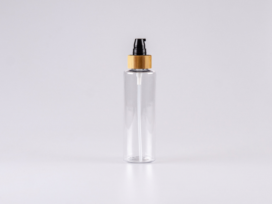 PET Flasche "Sharp" 150ml, mit Lotionspumpe Bambus