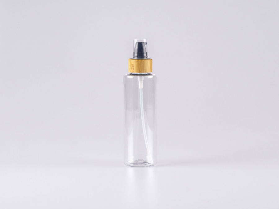PET Flasche "Sharp" 150ml, mit Lotionspumpe Bambus