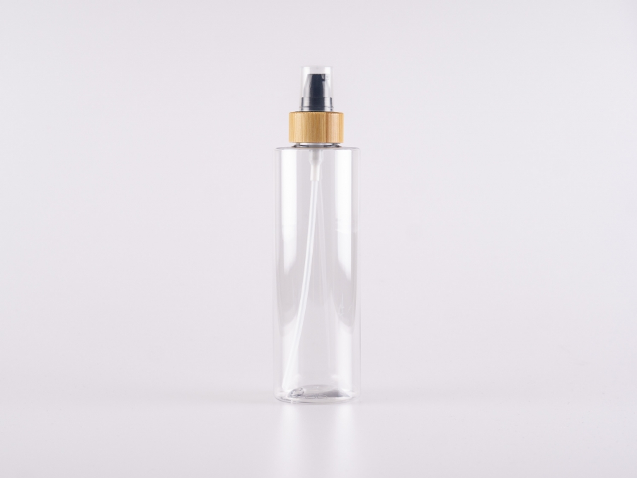 PET Flasche "Sharp" 250ml, mit Lotionspumpe Bambus