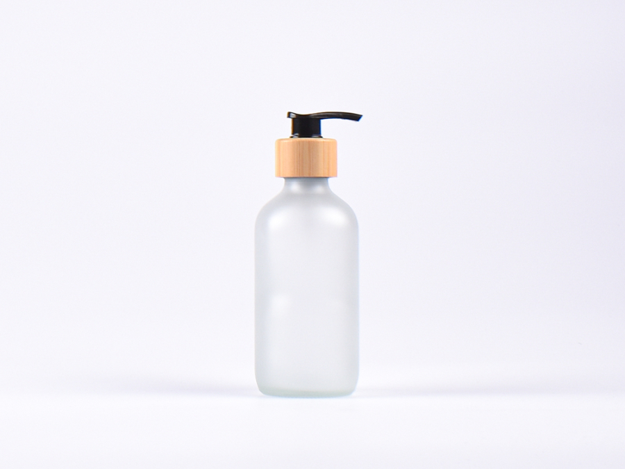 Glasflasche säuremattiert, 250ml, mit Dispenser Bambus
