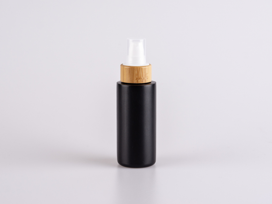 Flasche "Tara" 100ml, matt-schwarz, mit Lotionspumpe Bambus