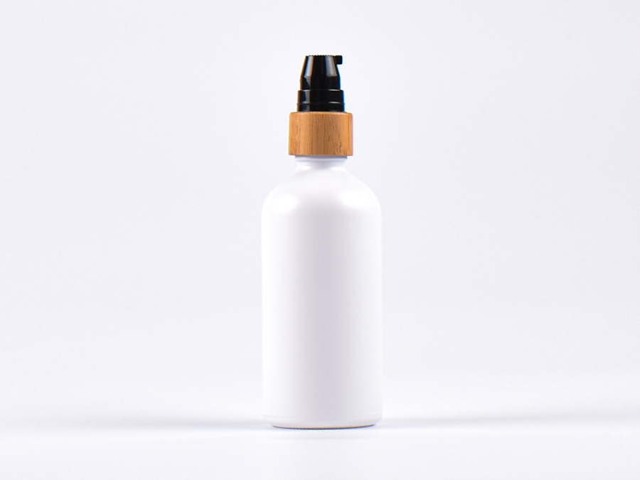 Weissglasflasche 100ml, mit Lotionspumpe Bambus