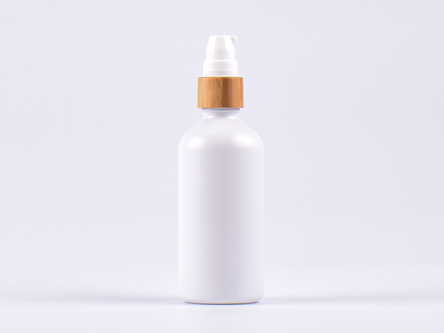 Weissglasflasche 100ml, mit Lotionspumpe Bambus