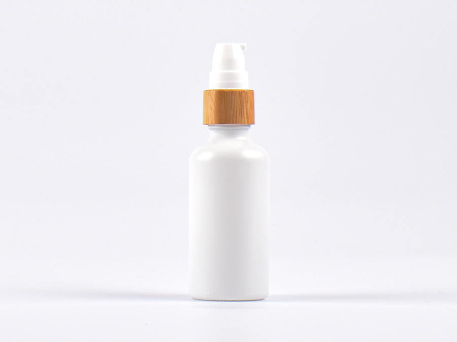 Weissglasflasche 50ml, mit Lotionspumpe Bambus