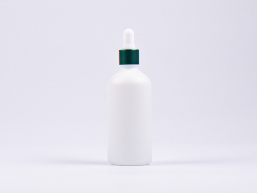 Weissglasflasche 100ml, mit Pipette grün-matt
